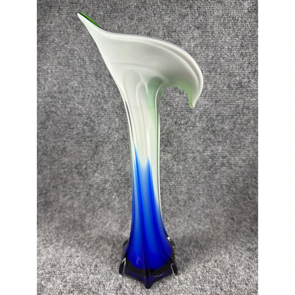 Vintage Art Glass Calla Lily Bud Vase Blue White Green Tri-Color 12 Inch